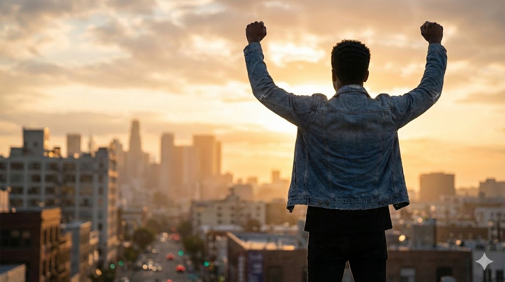 Young adult standing confidently at sunrise overlooking a city, symbolizing transformation and holiness through relationship with Christ.