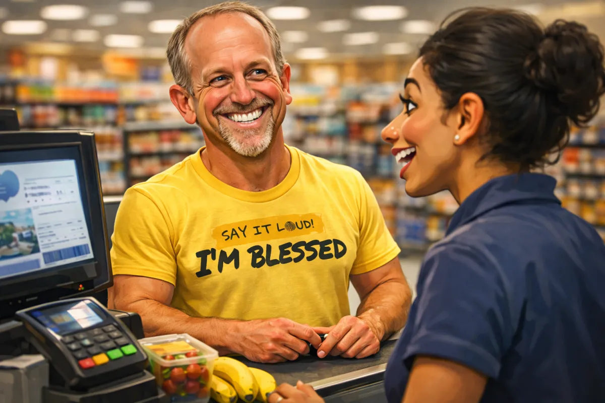 A slightly caricatured illustration of a smiling middle-aged man wearing a bright yellow “I’m Blessed” T-shirt, standing at a grocery store checkout counter and warmly interacting with a cashier. The background shows softly blurred store shelves, creating a friendly, uplifting everyday moment.