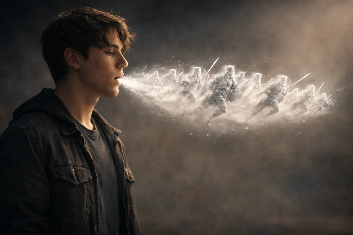 A young man stands in profile in a dim, cinematic setting as glowing, translucent figures shaped like marching soldiers flow from his mouth, symbolizing the power of spoken words moving with purpose.
