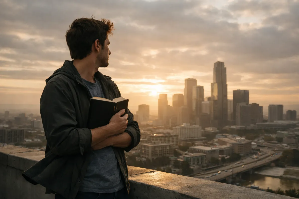 Young adult holding a Bible at sunrise on a city rooftop, symbolizing living in grace and truth through the Word of God.