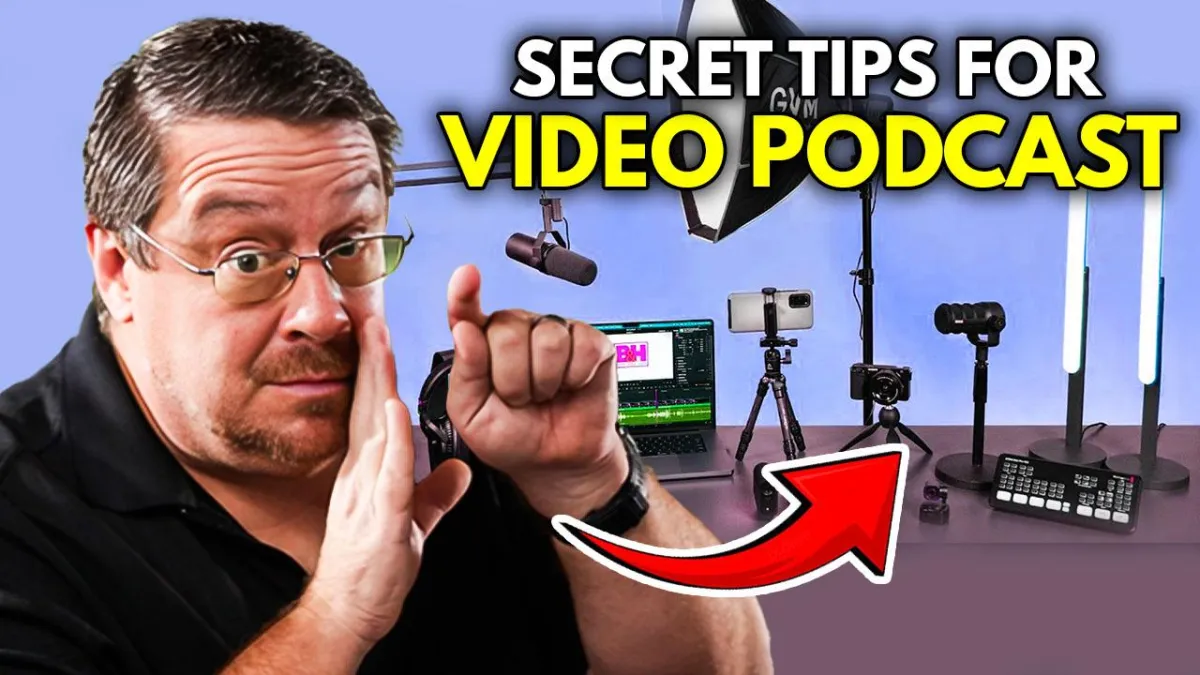 Podcast host recording a video podcast with a professional microphone and camera setup.
