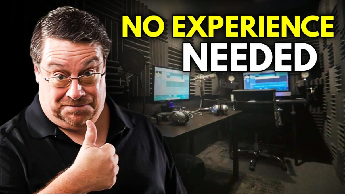 A business owner recording a video podcast with professional equipment in a modern office setting.