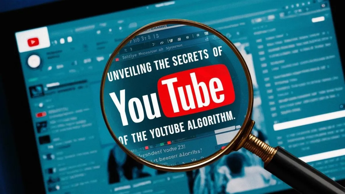•	A magnifying glass hovering over a YouTube video screen, with text: "Unveiling the Secrets of the YouTube Algorithm."