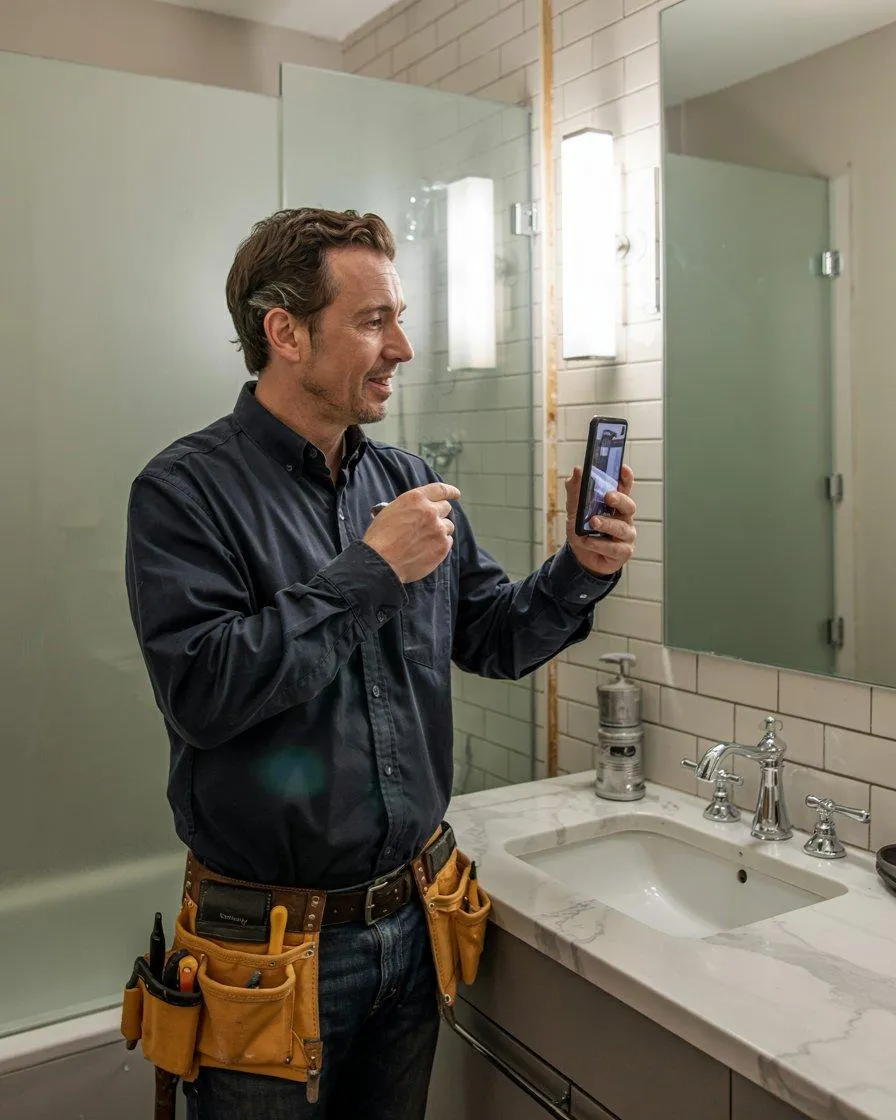 General Contractor in a Bathroom Remodel Recording Video