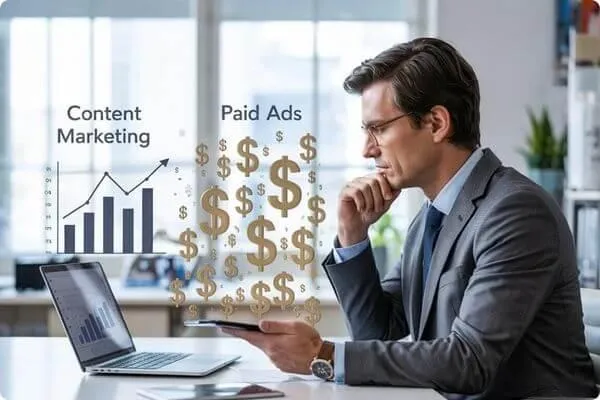 Service business owner comparing content marketing vs paid ads costs