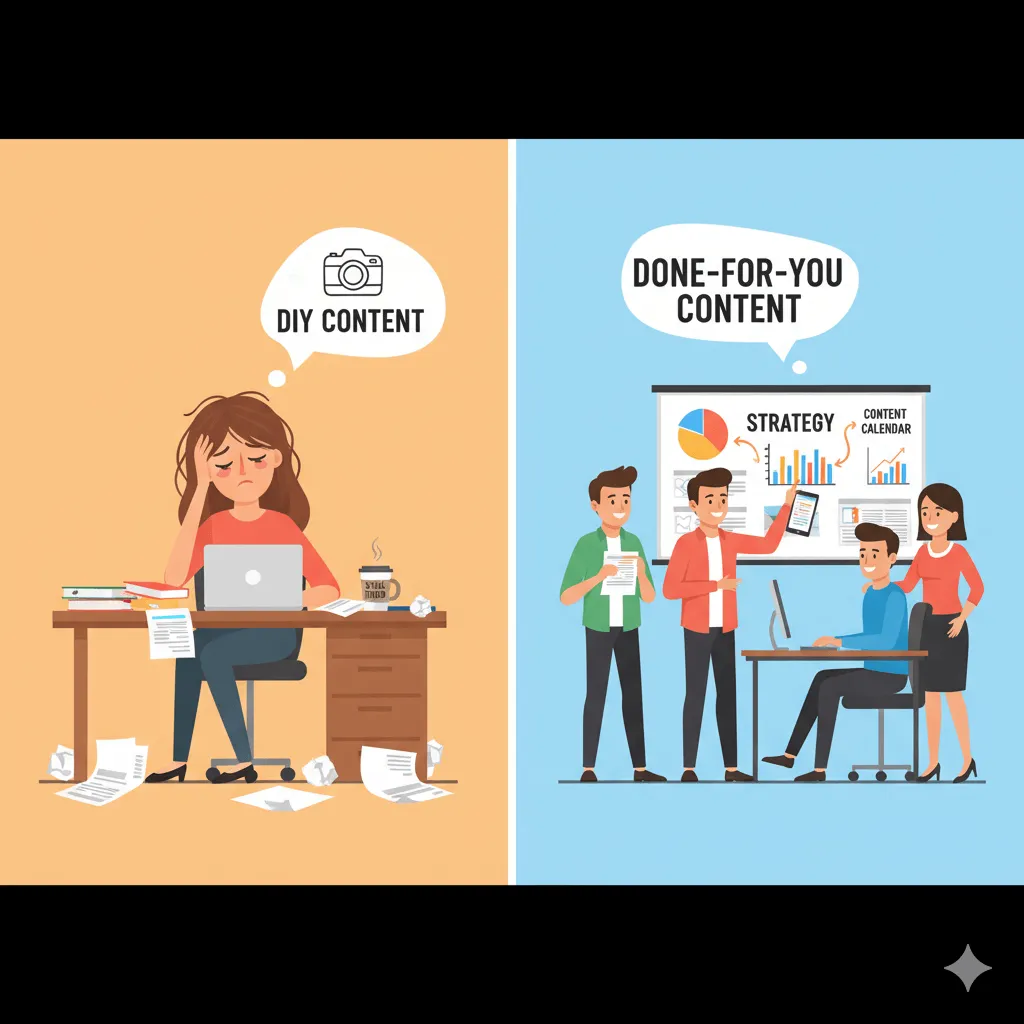 DIY vs Done-for-You content creation costs comparison illustration.