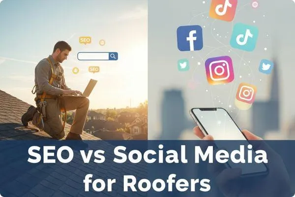 “Roofing marketing comparison showing SEO search bar versus social media icons — SEO vs Social Media for Roofers.”
