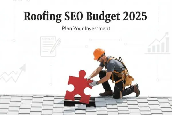 roofing SEO cost 2025 cover image showing roofer planning marketing budget