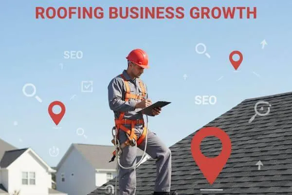 Roofer on a house roof with Google map pins and SEO icons showing roofing lead generation in 2025.