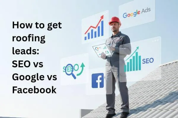 Roofer comparing SEO, Google Ads, and Facebook Ads performance on tablet.