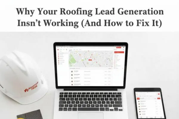 Roofing business owner checking lead generation results on laptop with roofing tools nearby — cover image for roofing lead generation blog.