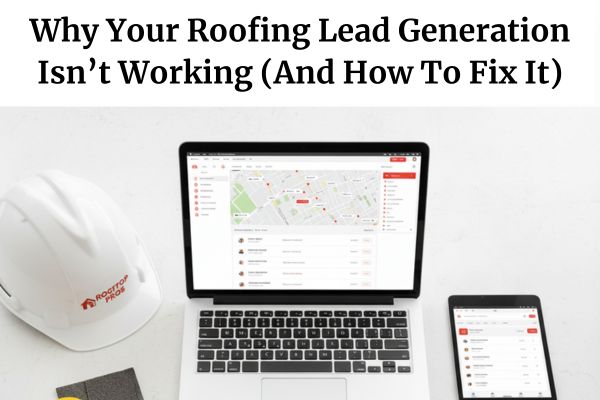 Roofing business owner checking lead generation results on laptop with roofing tools nearby — cover image for roofing lead generation blog.