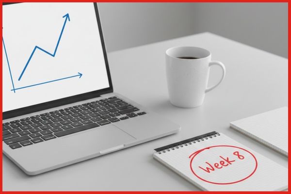 A clean workspace with a laptop showing a rising growth chart and a notepad with "Week 8" circled in red.