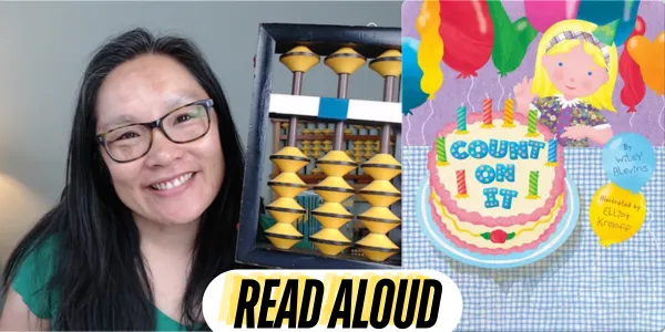 Lynette yung holding a big yellow bead abacus with a cover of a book titled "count on it"