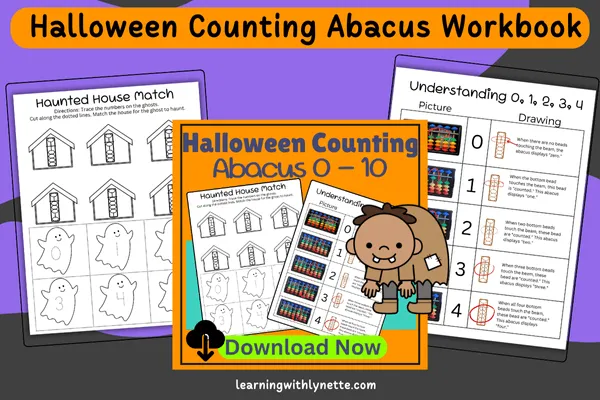 A Halloween-themed educational resource titled "Halloween Counting Abacus 0-10." The image shows two worksheets, one for matching haunted houses to ghosts by tracing numbers, and another for understanding numbers 0-4 using an abacus. The second worksheet displays pictures of an abacus alongside a corresponding drawing, helping children visualize counting. The activities are designed for early learners to practice number recognition and basic counting skills in a fun, festive way.