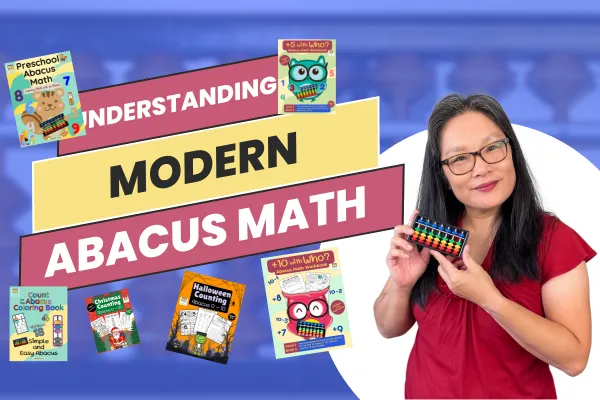Understanding Modern Abacus Math" featuring a smiling woman holding a colorful abacus. The background showcases a blurred abacus and various abacus-related workbook covers, including "Preschool Abacus Math," "Christmas Counting," "Halloween Counting," "+10 with Who?," and others. The design highlights learning resources for teaching abacus math to children.