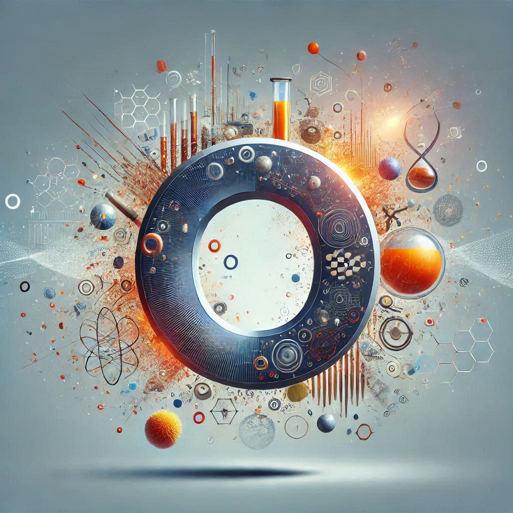 science, data themed graphic with one large letter O