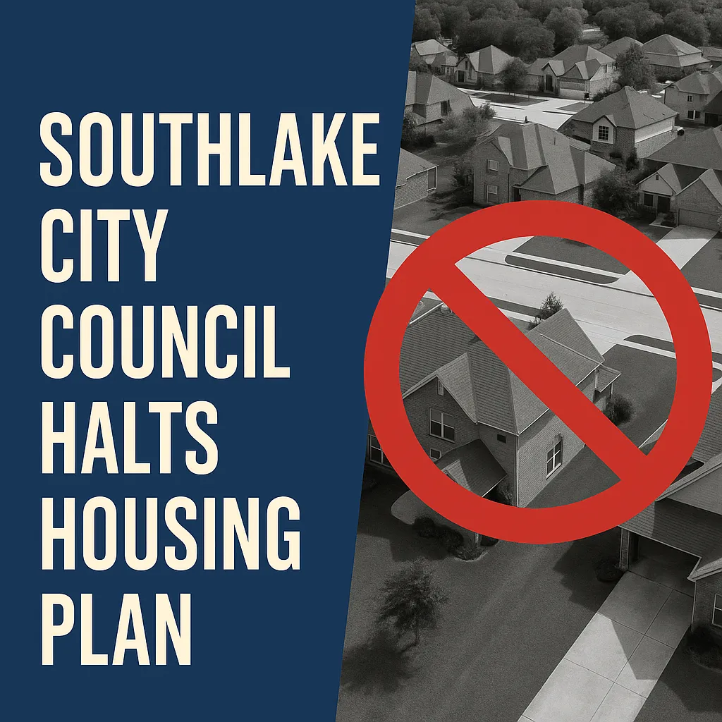 "Southlake City Council Halts Housing Plan" thumbnail showing a bold headline on a dark blue background next to a grayscale aerial view of suburban homes, overlaid with a large red prohibition symbol