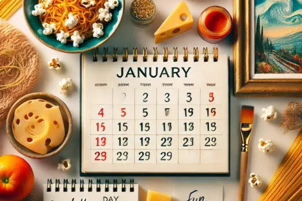 Cozy workspace with a January calendar surrounded by colorful elements representing unique days in January, including spaghetti, popcorn, cheese, a notebook, and a small painting.