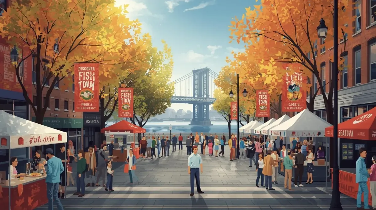 Crowd enjoying Phishtown fall festival outside Evil Genius Beer Company, with music, vendor tents, and lively neighborhood scene