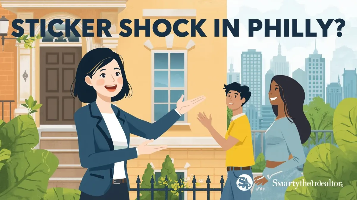 Friendly Philadelphia real estate agent showing diverse homebuyers a city rowhouse; bright colors, welcoming vibe, city skyline in background