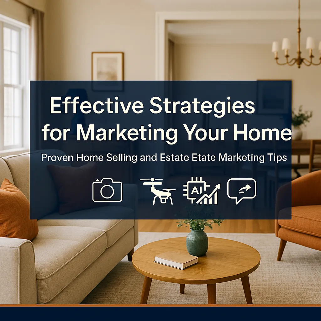 Staged living room with banner “Effective Strategies for Marketing Your Home” and icons for photo, drone, AI, and chat.