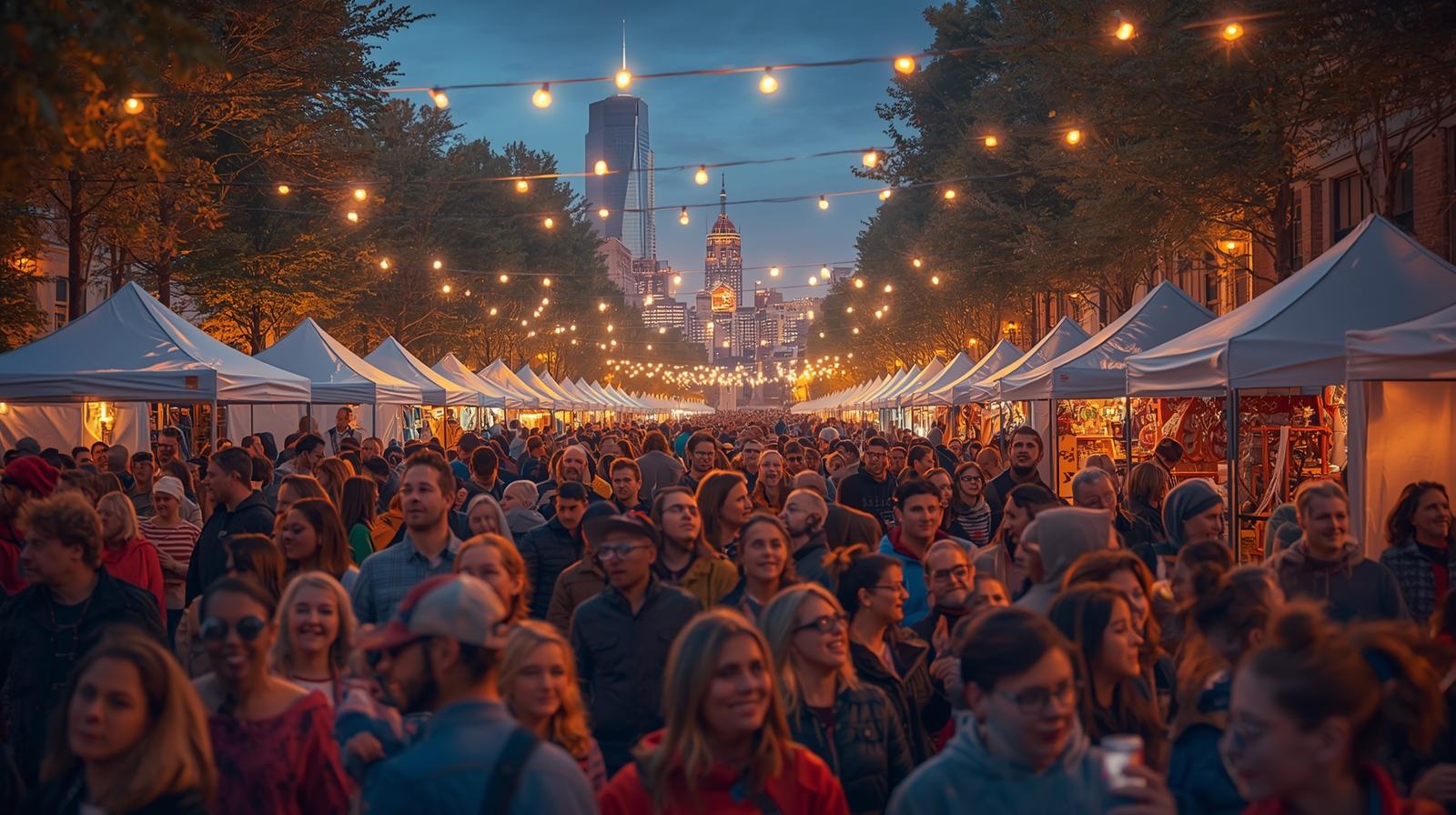 People of all ages enjoying an outdoor event in Philadelphia with festive lights and cityscape.