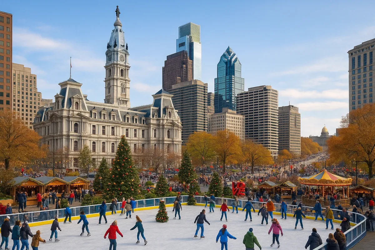 A cheerful Philadelphia family ice skating at night in front of City Hall, with twinkling holiday lights, skyline, and festive decor—capturing the holiday spirit.
