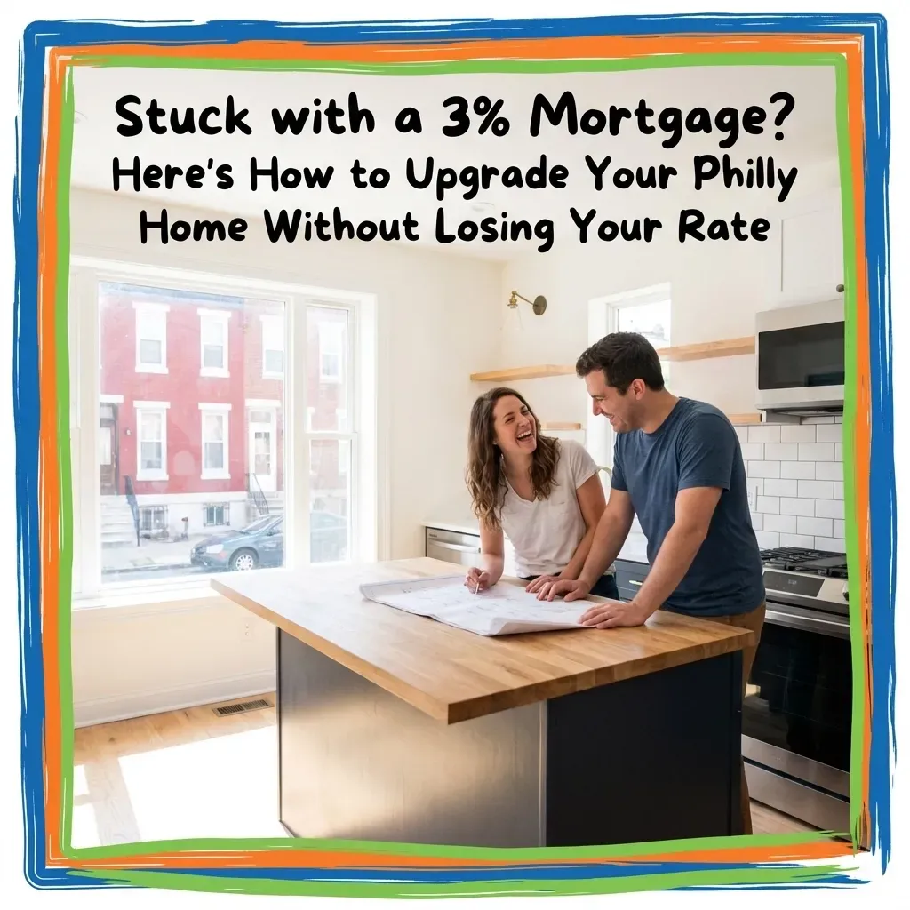 Smiling Philadelphia family in front of a new home with rowhomes, greenery, and the city skyline in the background, symbolizing a successful upgrade without losing their mortgage rate.