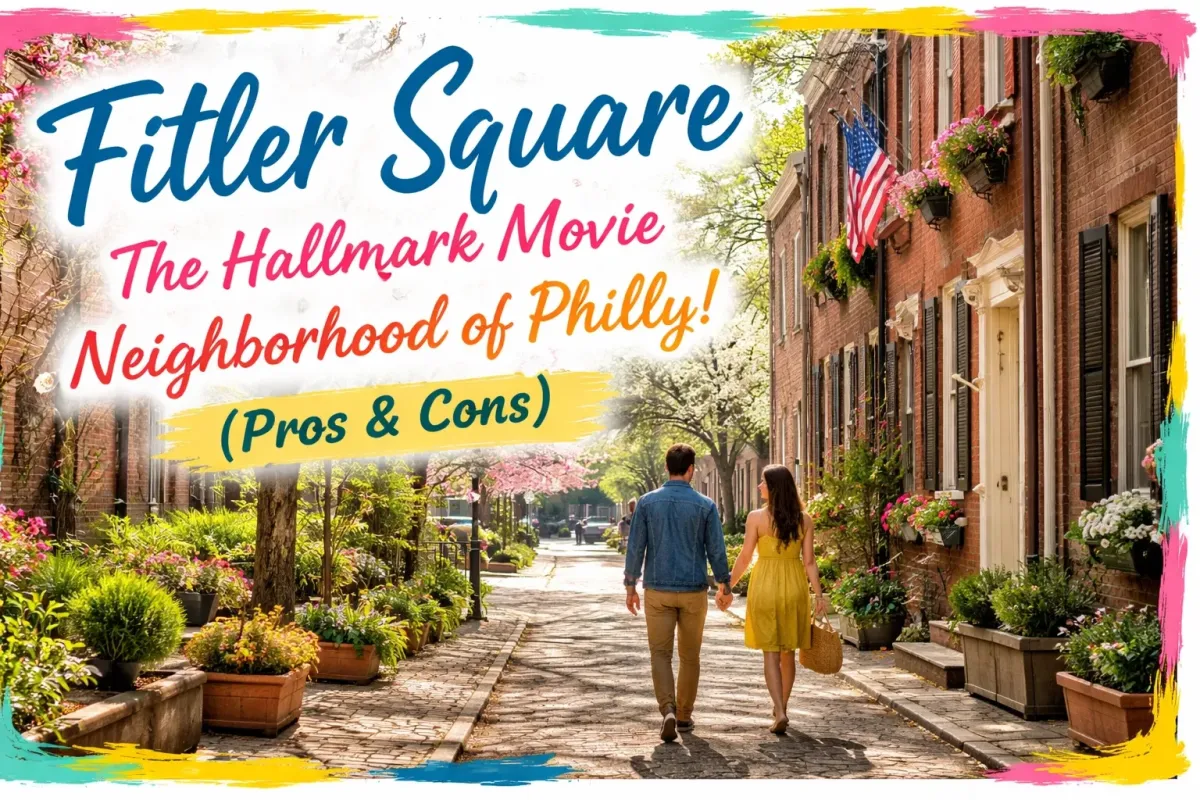 A realistic depiction of Fitler Square Park in Philadelphia, Pennsylvania. The image shows a well-maintained park with green lawns, a central fountain surrounded by wooden benches, and large, mature trees providing shade. Flower beds with colorful blooms line the cobblestone pathways. In the background, historic brick townhouses with traditional architecture frame the park. The scene captures a peaceful and sunny day with soft, fluffy clouds in the blue sky.