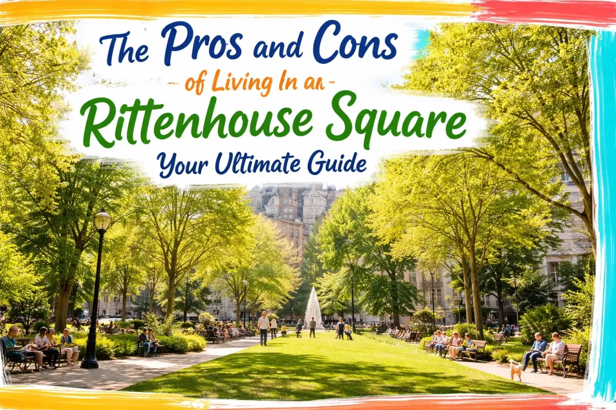A vibrant scene of Rittenhouse Square Park on a sunny day, featuring lush green trees and colorful flowers in bloom, evoking a spring or summer atmosphere. People are seen relaxing on benches, walking along the park's pathways, and enjoying the serene environment. Elegant historic brownstones and modern condos frame the park, creating a picturesque urban backdrop. The bright and lively setting conveys warmth and charm.