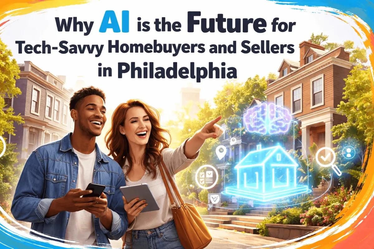 A professional, sun-lit Philadelphia living room with a digital overlay showing AI-driven property valuation and neighborhood growth trends.