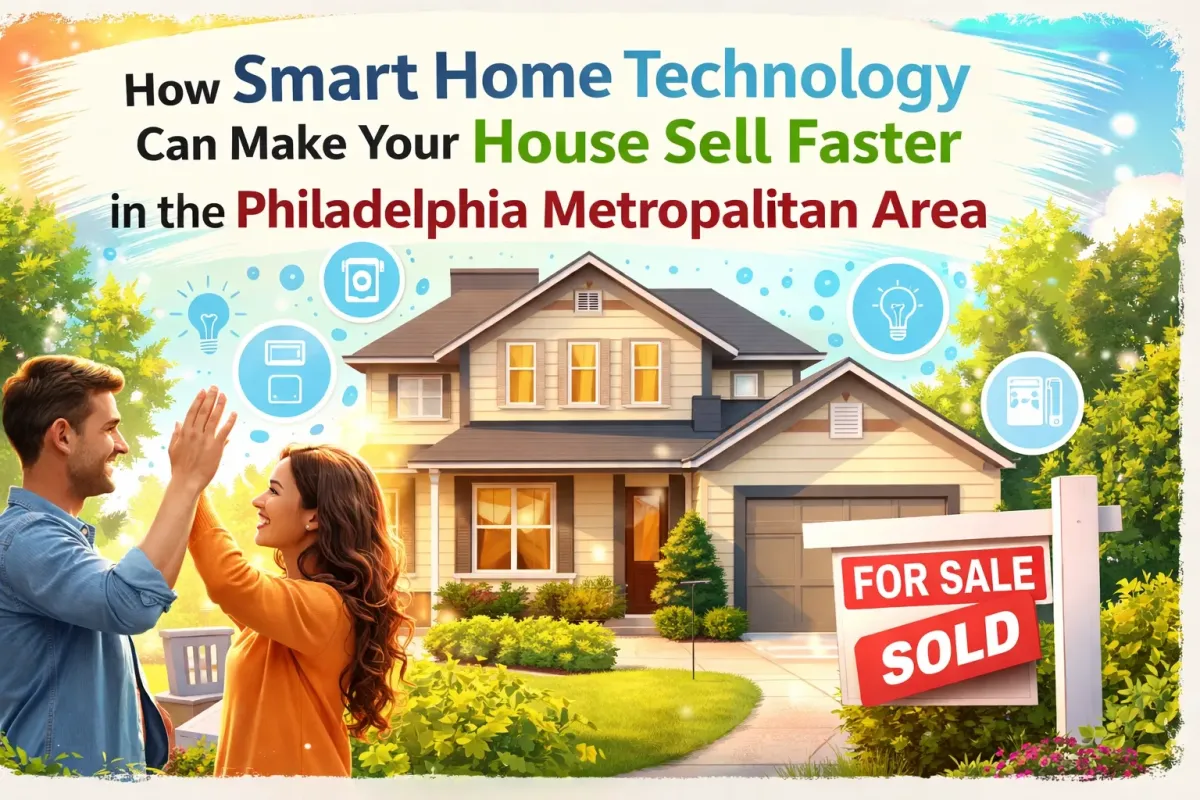 A modern Philadelphia kitchen featuring integrated smart home controls on a wall-mounted tablet, highlighting energy-efficient lighting and security features