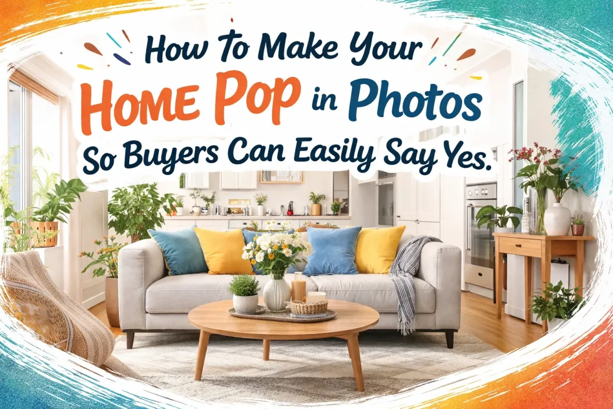 A professional real estate photographer using a high-end camera to capture a perfectly staged, sun-drenched living room in a Philadelphia home, with a digital AI overlay highlighting lighting and composition metrics