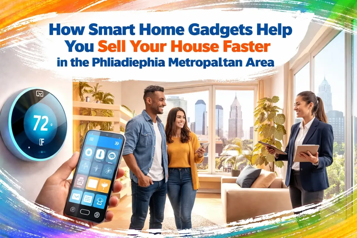 A sleek, modern interior of a Philadelphia home featuring a glowing smart thermostat on the wall and a smartphone app interface showing home automation controls, with a blurred view of a tidy suburban street through the window