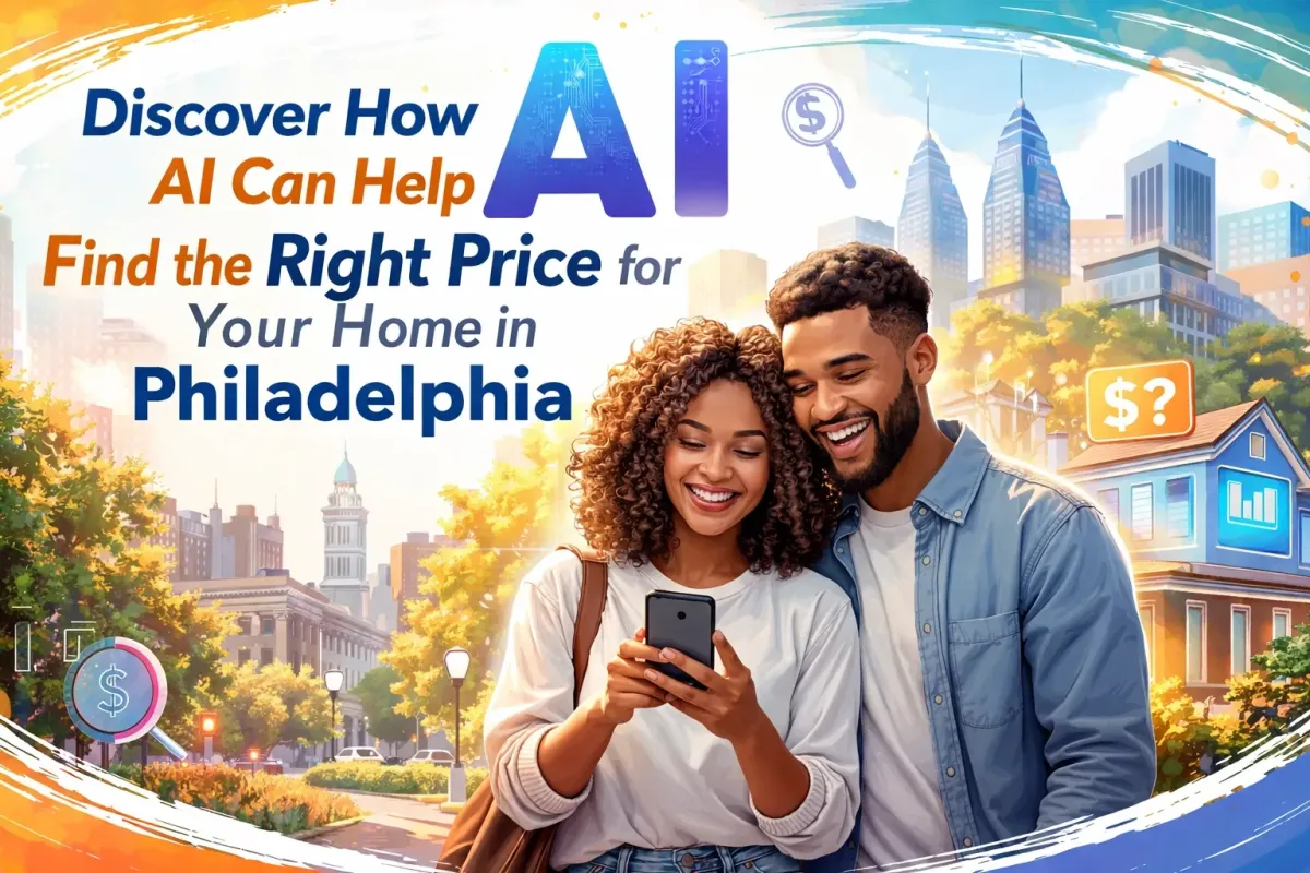 A photorealistic high-quality stock image of a modern living room in a Philadelphia suburb, with a subtle digital overlay of data charts.