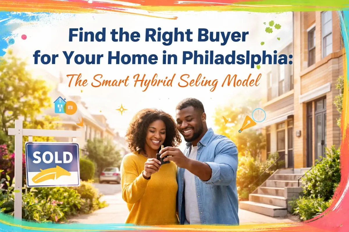 A photorealistic high-quality image of a modern, stylish Philadelphia home with a 'For Sale' sign, looking bright and inviting