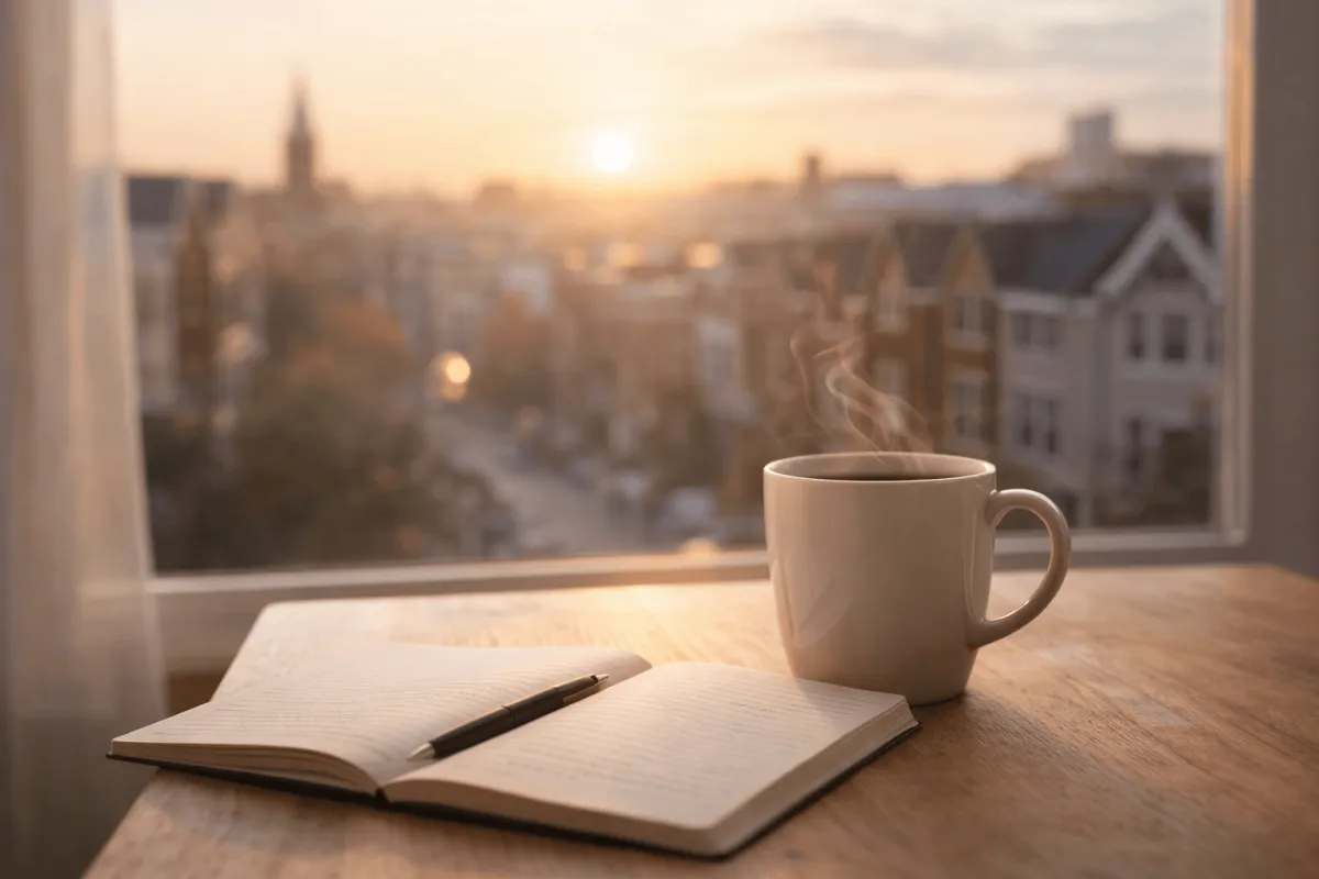 A minimalist and peaceful morning scene in a Philadelphia home, representing clarity and starting a new real estate journey