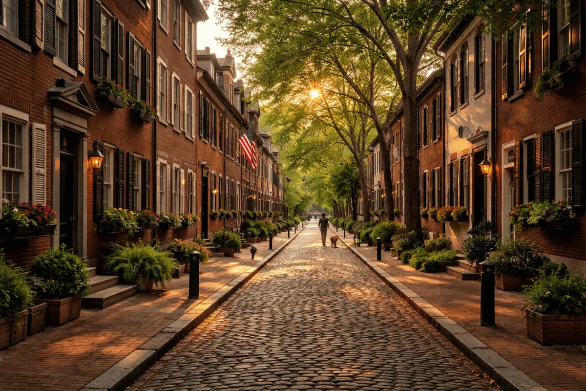 A charming and historic Philadelphia street scene at sunset, capturing the timeless appeal of living in the city