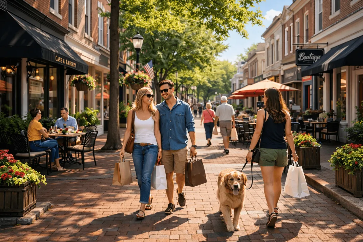 A vibrant and walkable town center in the Philadelphia suburbs, showcasing the lifestyle benefits of pedestrian-friendly neighborhoods.