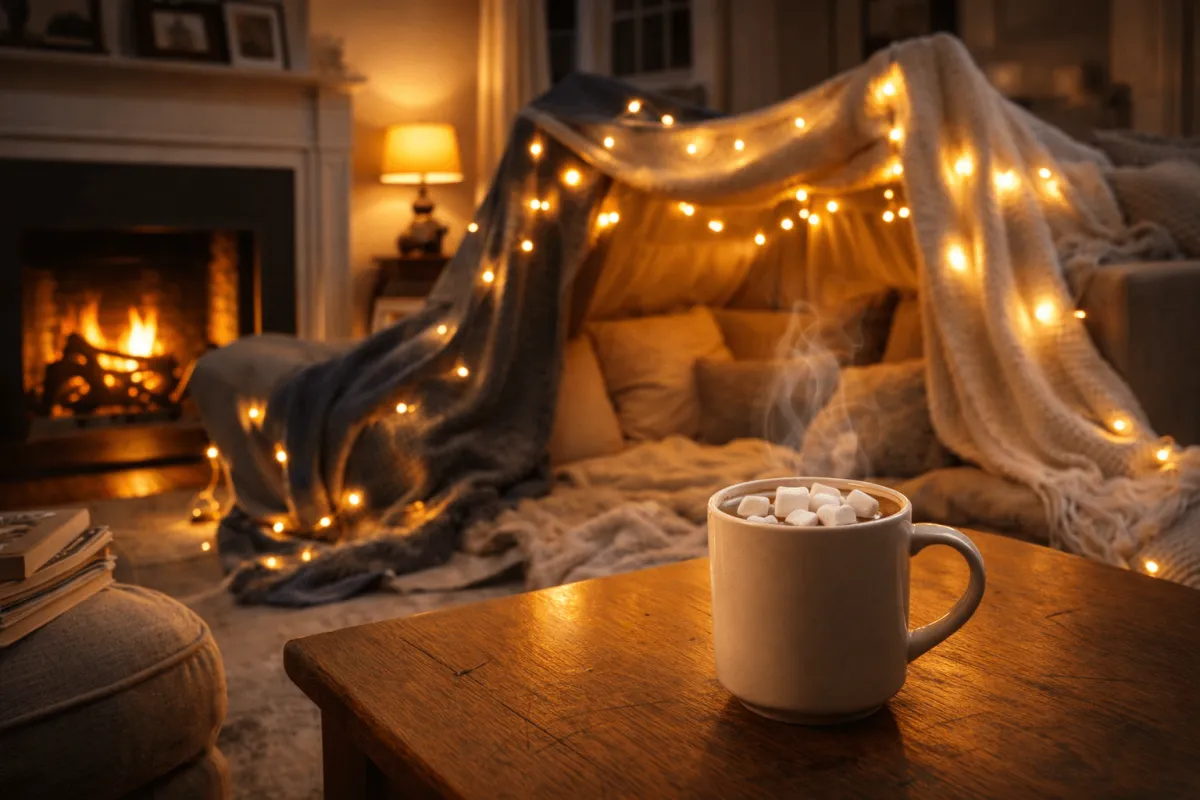 A cozy living room with a decorative blanket fort and warm lighting, perfect for a cold winter day in Philadelphia.