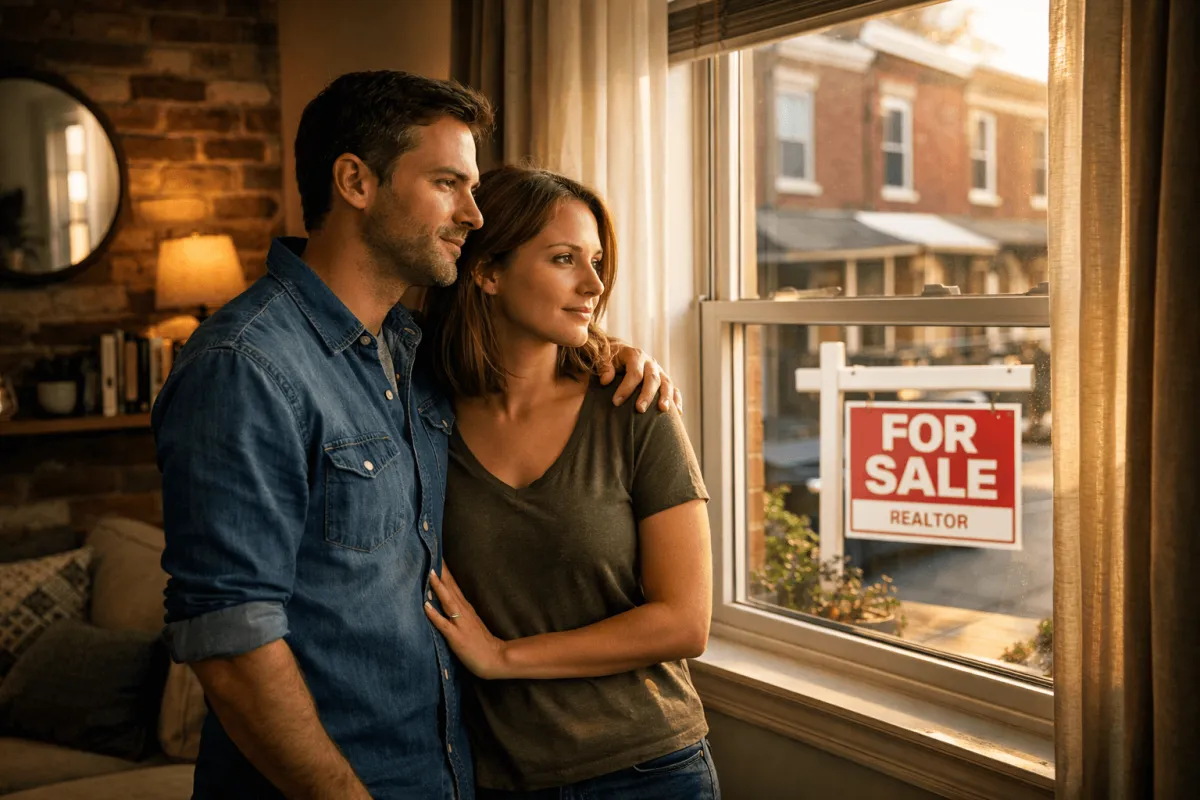A couple considering selling their home in Philadelphia, looking at a for sale sign in a cozy but small living room