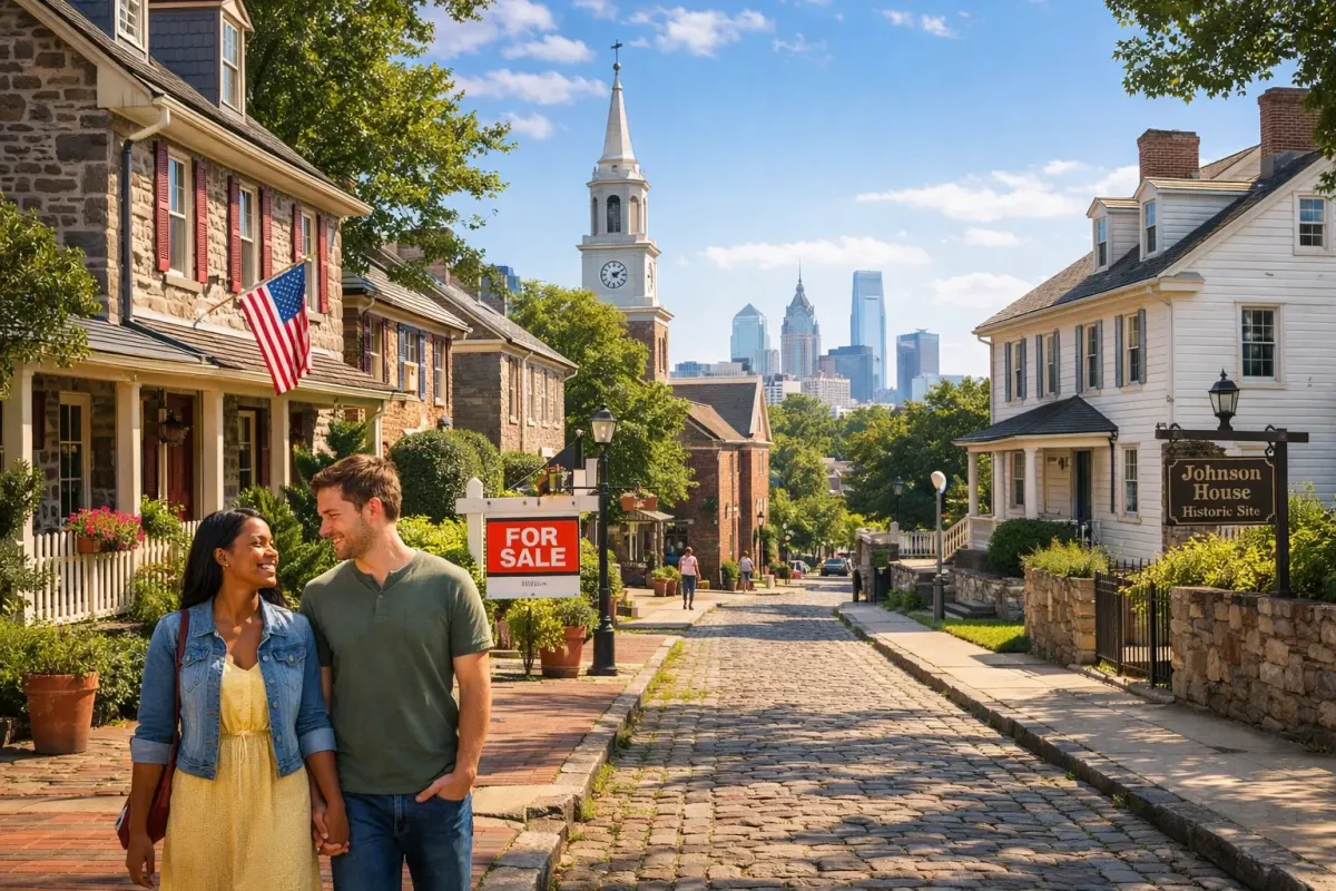 A historic stone home in Germantown Philadelphia with lush green trees and a quiet street view.