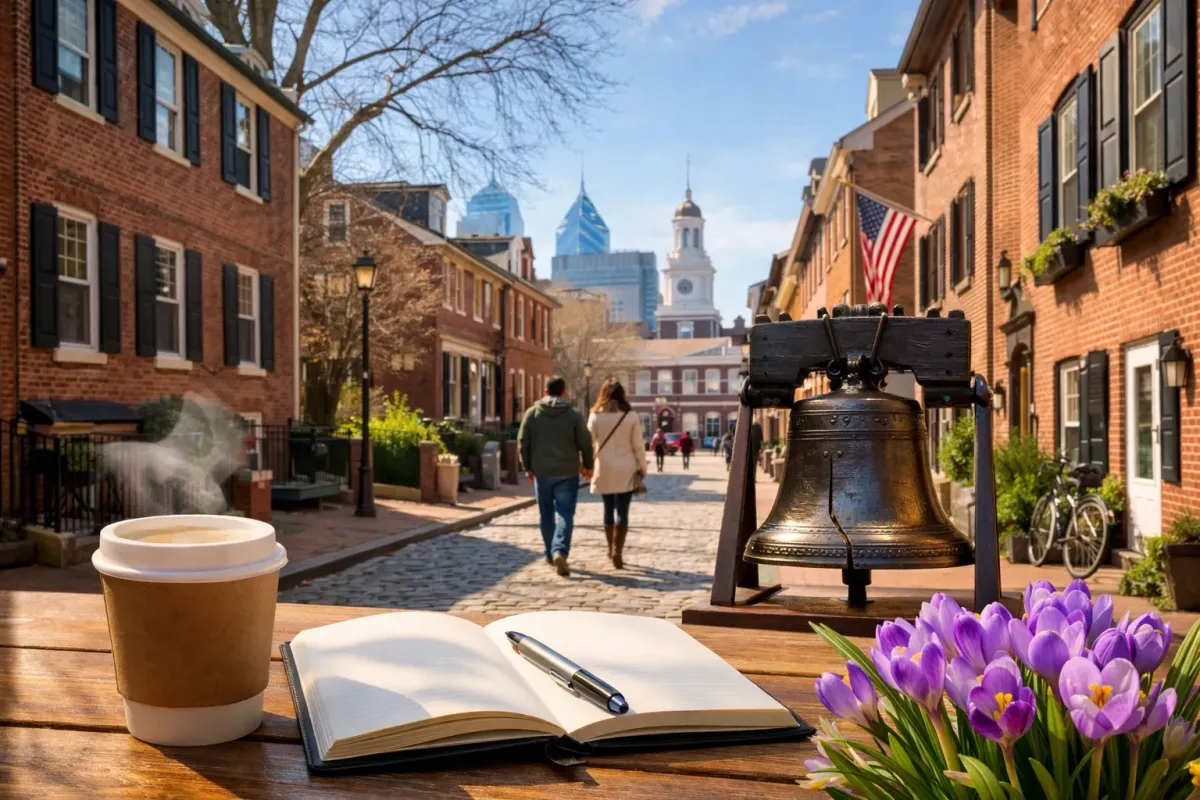 A Philadelphia street scene in late winter with morning sunlight hitting the rowhomes, symbolizing market momentum.