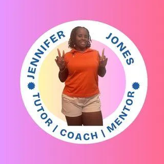 Jennifer “Coach Jen” Jones smiling and holding up two peace signs while wearing an orange shirt and white shorts, inside a circular frame labeled “Tutor | Coach | Mentor.”