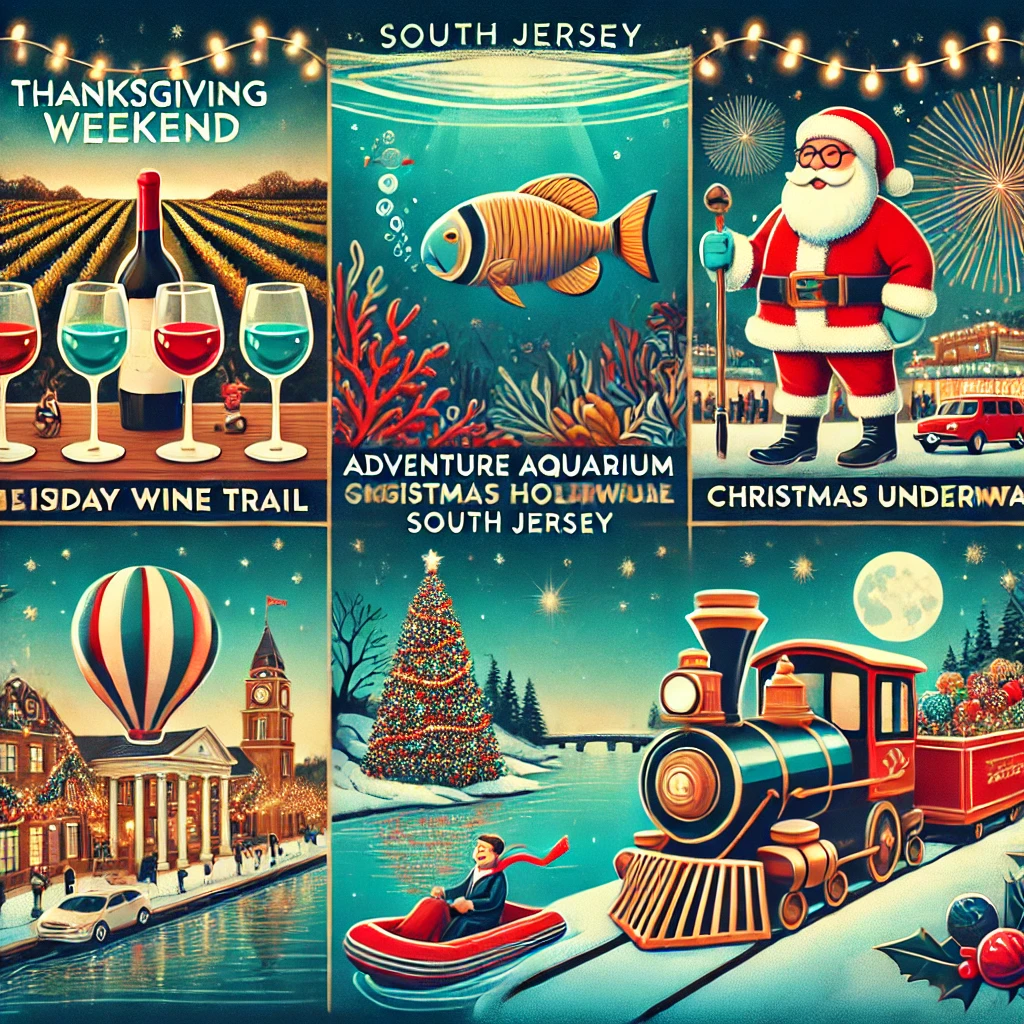 Collage showcasing Thanksgiving weekend events in South Jersey, including a vineyard with wine glasses representing the Holiday Wine Trail, Scuba Santa in an aquarium for Adventure Aquarium's Christmas Underwater, a festive parade float for the Collingswood Holiday Parade, a train surrounded by Christmas lights for DiDonato's Magical Holiday Express, and a lake with floating Christmas trees for the Smithville Holiday Light Show. The design features vibrant holiday colors and a festive theme.