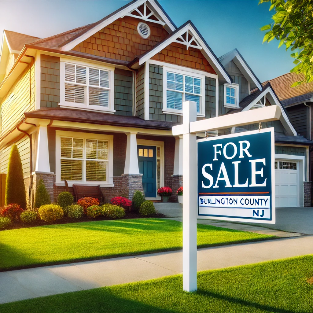 A vibrant suburban home in Burlington County, NJ, with a 'For Sale' sign, sunny exterior, well-maintained lawn, and stylish design, symbolizing an enjoyable home-selling experience with an AI Certified Agent™.