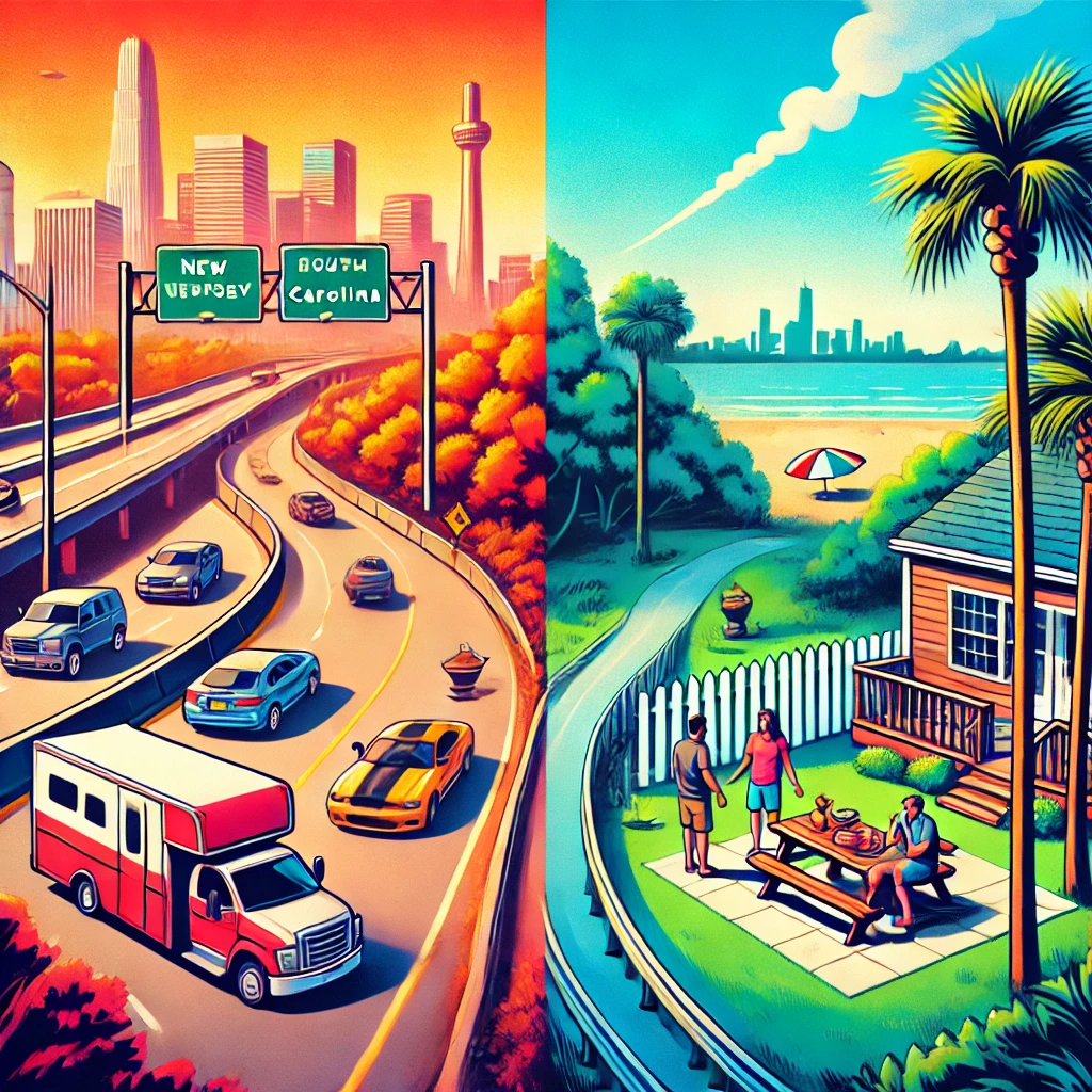 A split image showing New Jersey’s busy highways and skyline on one side and South Carolina’s serene neighborhoods with palm trees and a family on a porch on the other. The image emphasizes the contrast between New Jersey’s hustle and South Carolina’s relaxed lifestyle.