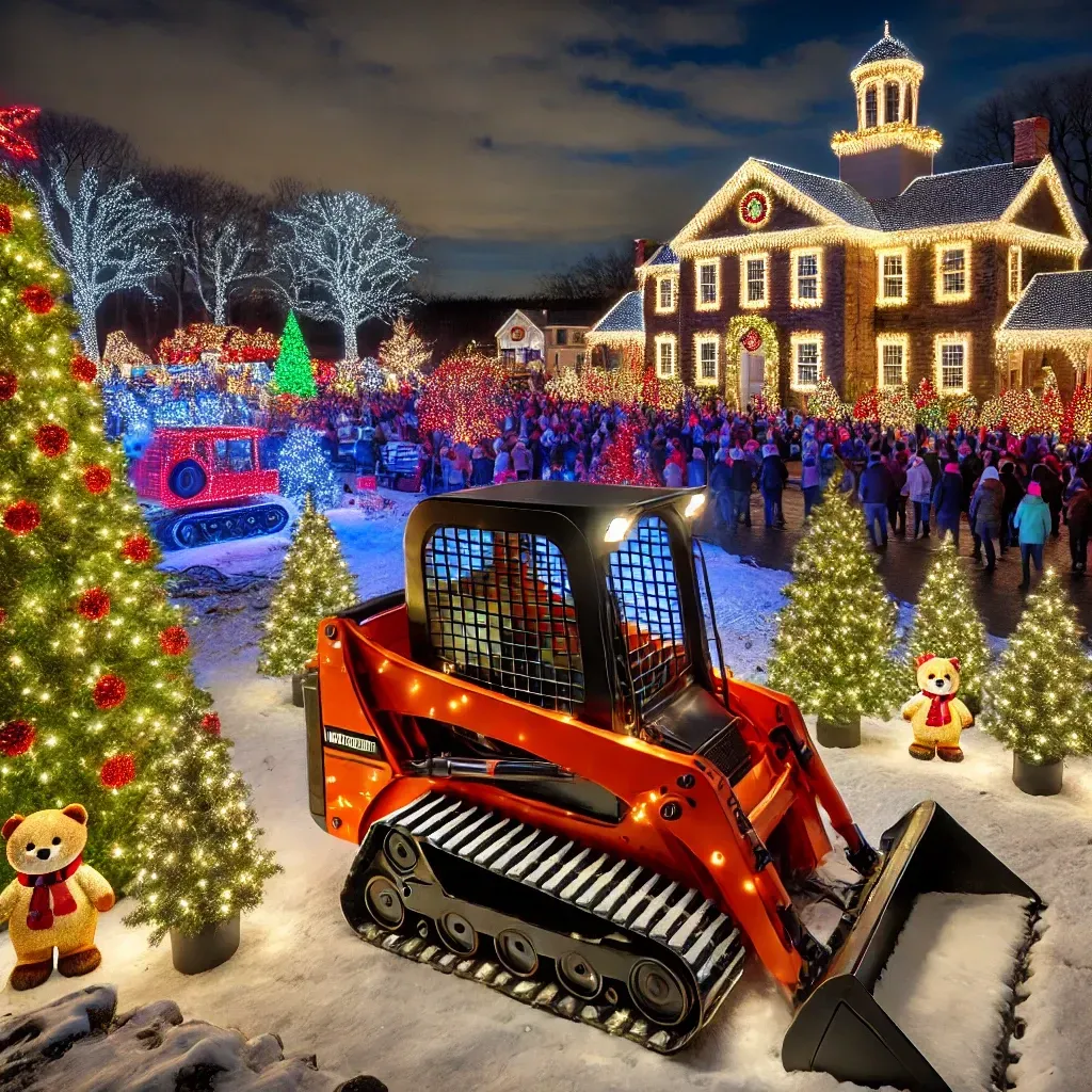 Festive holiday scene featuring a Christmas light show in Burlington County, New Jersey, with a compact bulldozer adorned with synchronized holiday lights, surrounded by families enjoying the snowy, illuminated landscape. The backdrop includes a historic village decorated with twinkling red, green, and white lights, creating a magical winter atmosphere