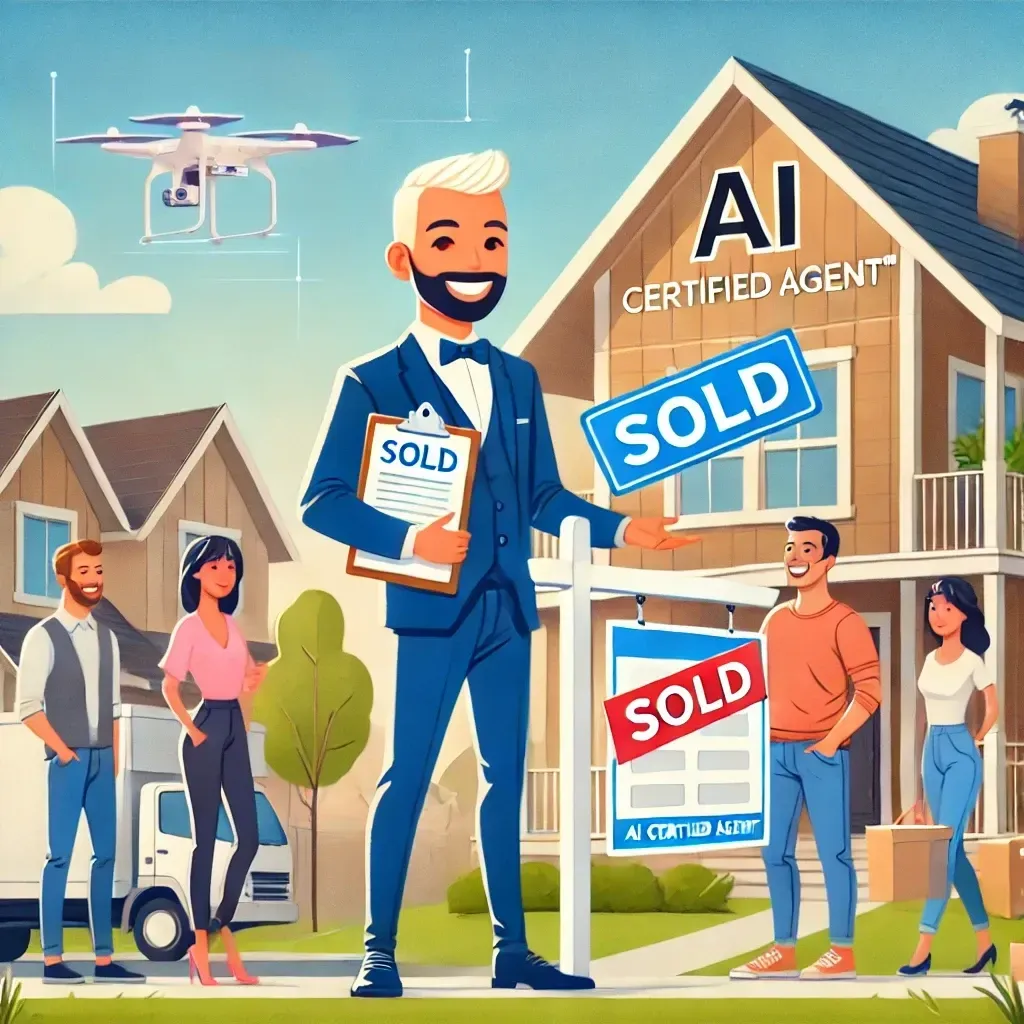 Illustration of a bald real estate agent holding a clipboard labeled 'AI Certified Agent™,' engaging with clients in a suburban neighborhood setting. The background features a stylish home with a 'Sold' sign, another home undergoing renovation, and a moving truck in action. The image conveys modern, innovative home-selling strategies with a welcoming and successful atmosphere.
